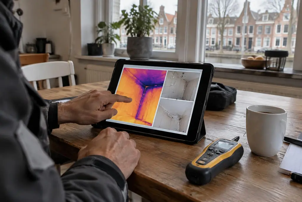 Lekdetectie Buren – lekdetectierapport met warmtebeelden en foto's op een tablet
