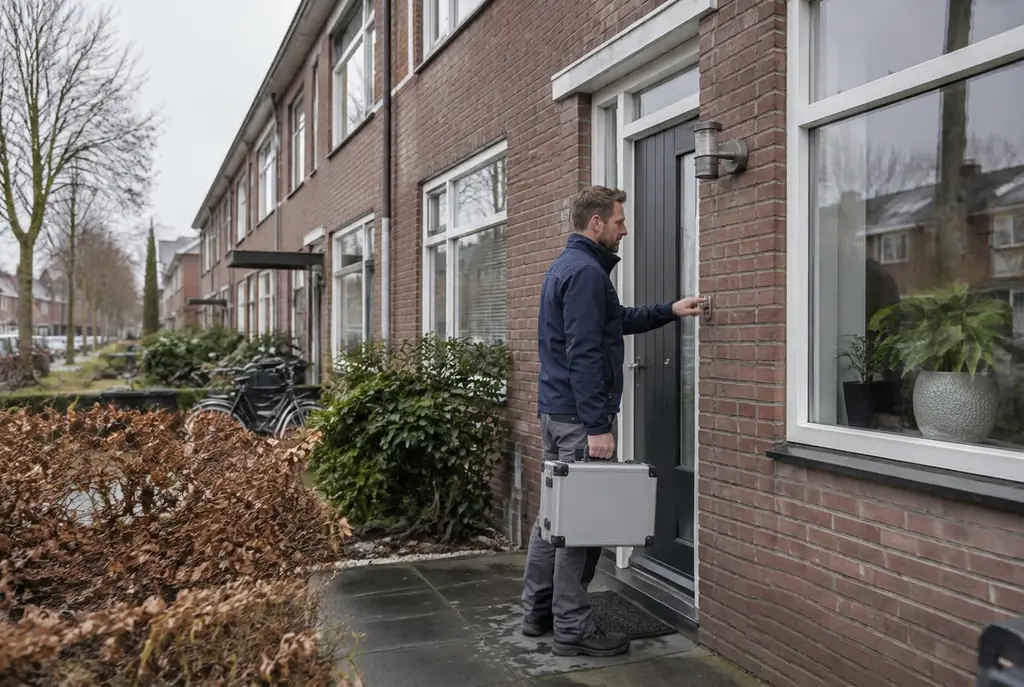 Lekdetectiespecialist met meetkoffer bij de voordeur van een woning in Buren
